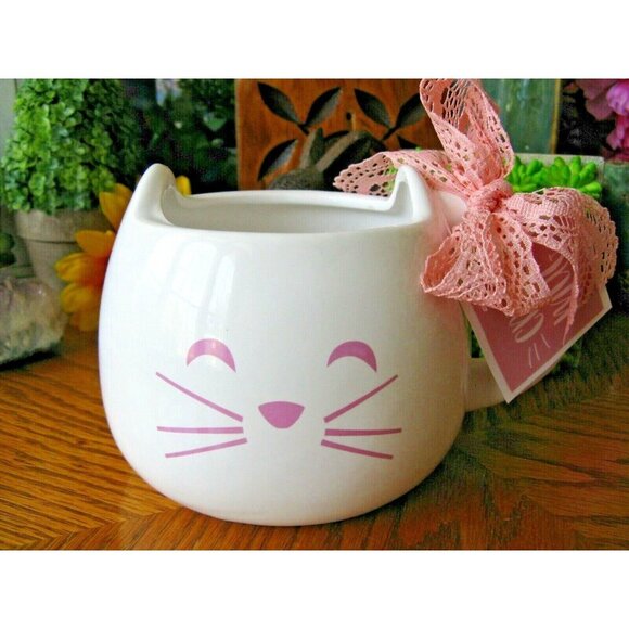 New XL Pink & White Cat Ceramic Coffee Tea Mug Cup w/ Bow - Picture 5 of 8